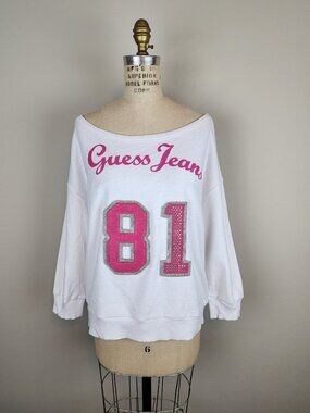Vintage 1990's Style Guess White & Hot Pink Off the Shoulder Sweatshirt NWT